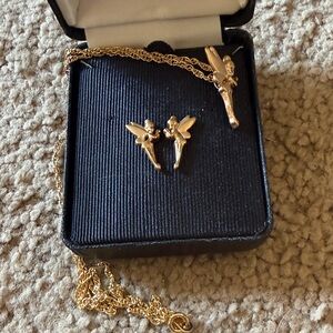 Gold Tinkerbell Pendant Necklace and Stud Earrings Set. 18KT Gold Plate.